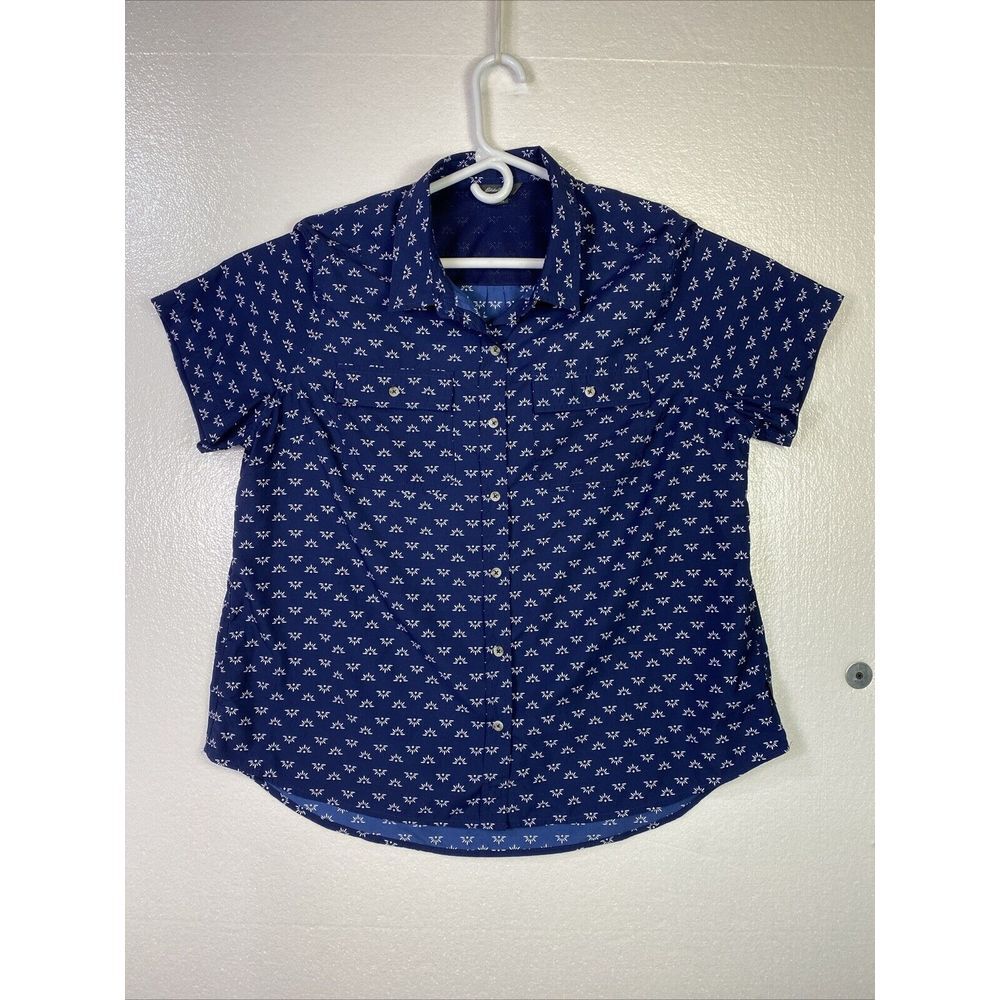 Eddie Bauer Mens Shirt Sz XXL Blue White print Button up Pockets Short sleeve